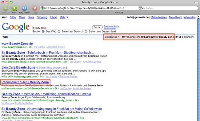 Platz 3 bei über 100 Millionen Google-Einträgen